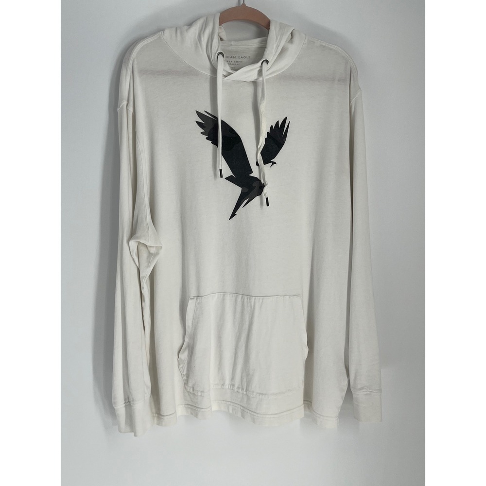 American Eagle Super Soft Graphic Eagle Hoodie Tee Men L White Long Sleeve